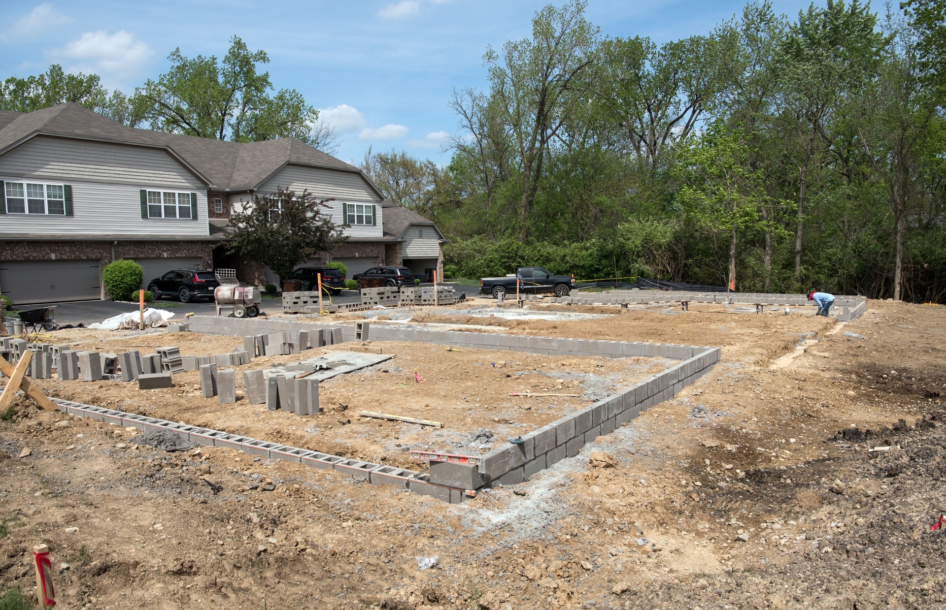 New Building Concrete Block Foundation Being Laid