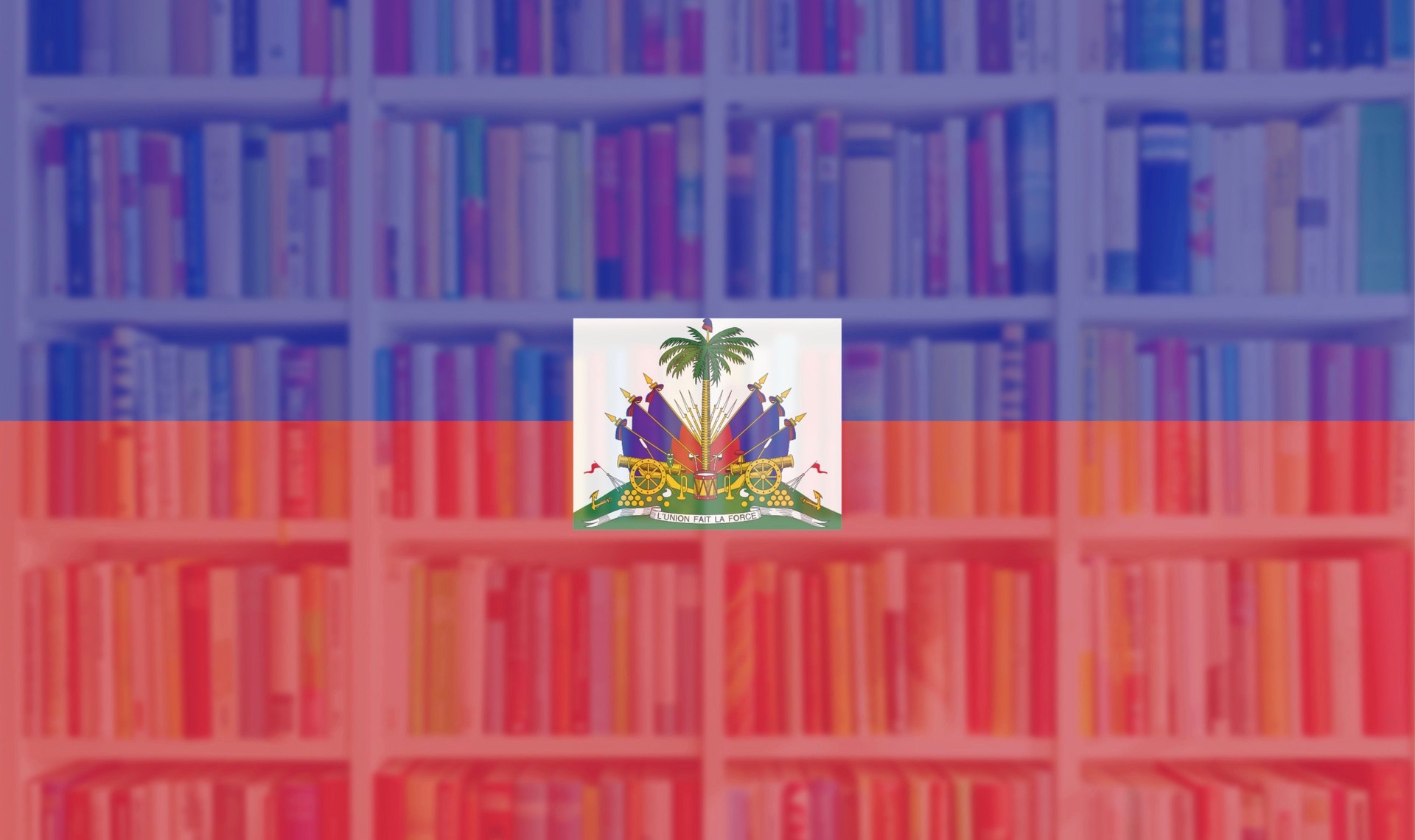 Drapeau d’Haïti avec fond étagères livre complet